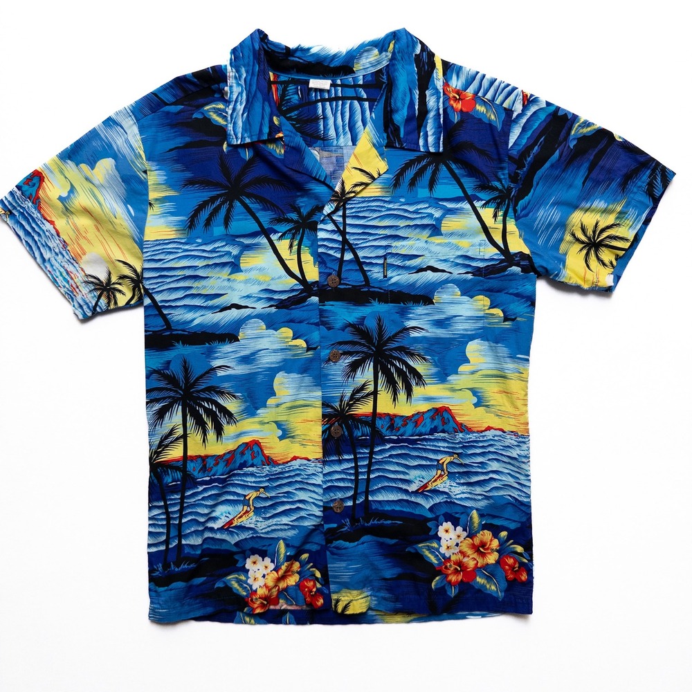 Palmwave Hawaii Shirt Mens Small Blue Tropical Sunset Surf Cotton‎ Button Up